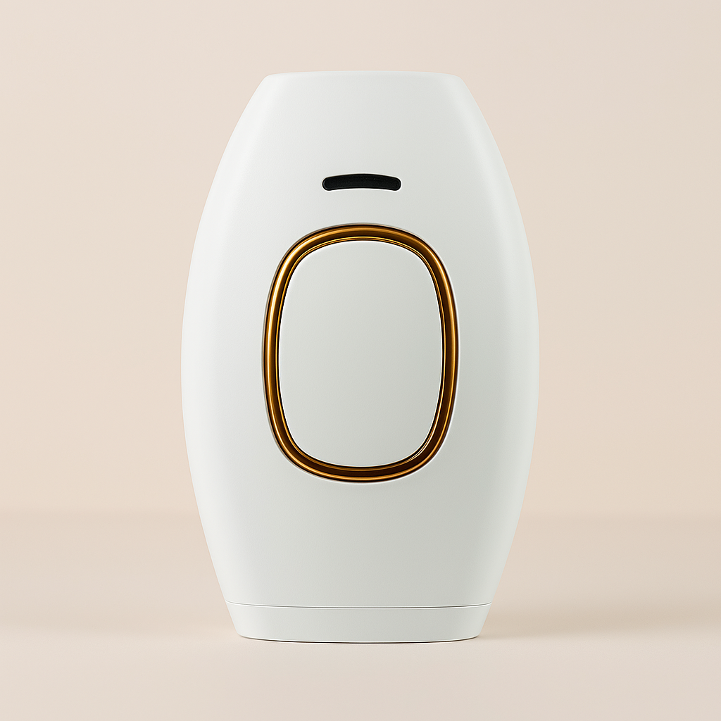 Hand holding a white skincare device with metallic spheres.